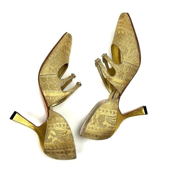 CLAUDIO MERAZZI Gold Brocade Formal Pumps Pointed Toe Embellished Details US 7,5 - Picture 7 of 16